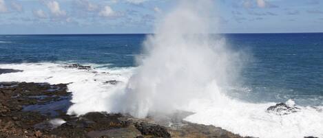 A rocky shoreline with waves crashing against the rocks.