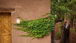 A building with a wooden door and a wall covered in green ivy. - Authentic Santa Fe Home~ Spacious, Vigas, Kiva Fireplaces and Walk to the Plaza (Santa Fe)