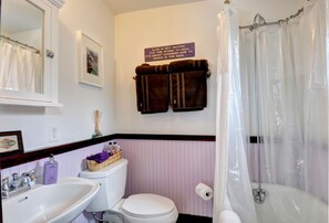 Duschwanne, Haartrockner, Handtücher, Seife