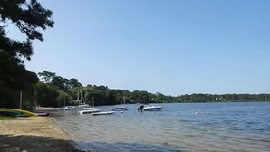 A lake with several boats docked along the shore, surrounded by trees. - Cape Cod Pond Cottage (Eastham)