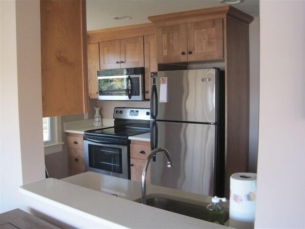 Una cocina compacta con armarios de madera, un refrigerador de acero inoxidable, un microondas, un horno y un lavamanos.