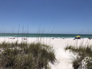 On the beach, sun-loungers