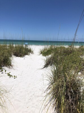 On the beach, sun loungers