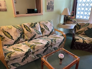 A living room with a floral-patterned sofa, a wicker armchair, a glass coffee table, a lamp, and a wall-mounted TV.