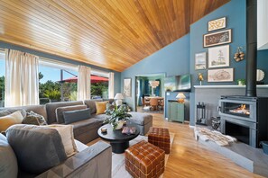 Smart TV, fireplace, video games, DVD player