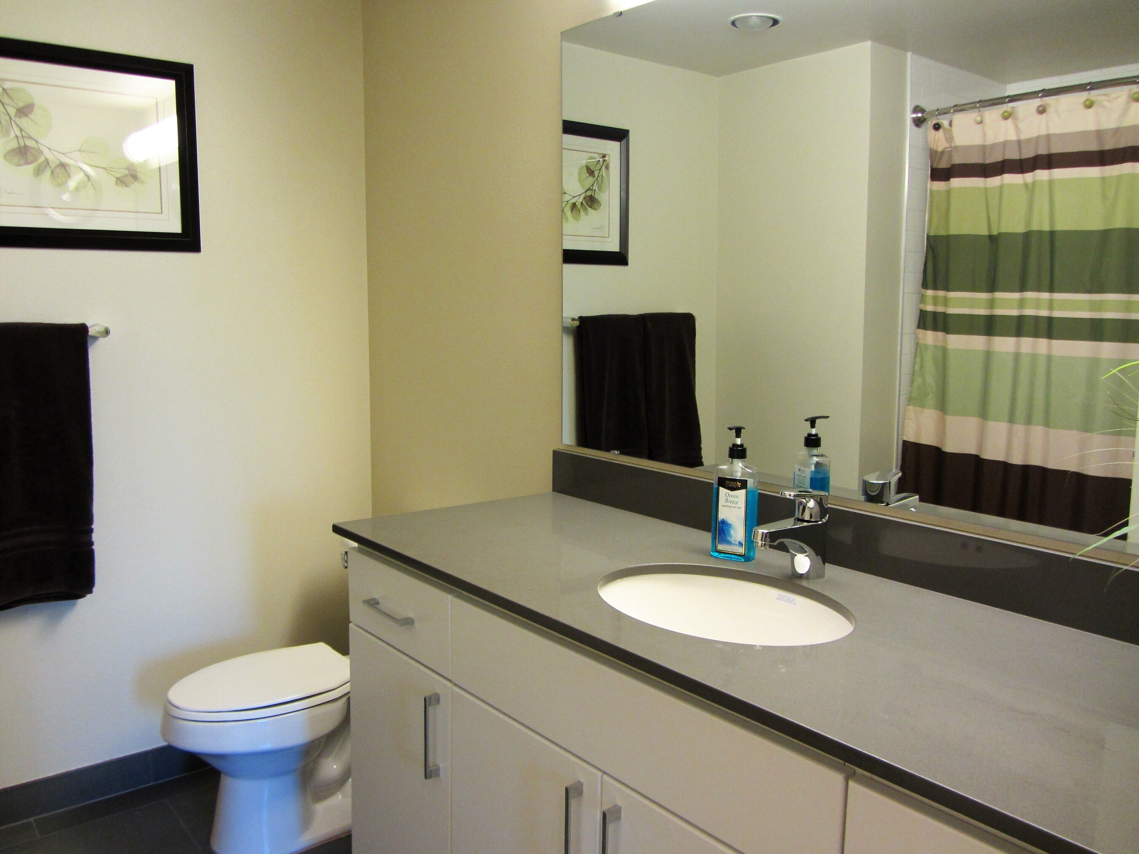 A bathroom with a white toilet, a sink with a mirror above it, and a striped shower curtain.