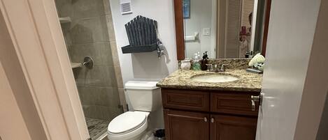 A bathroom with a shower, toilet, vanity, and a mirror.