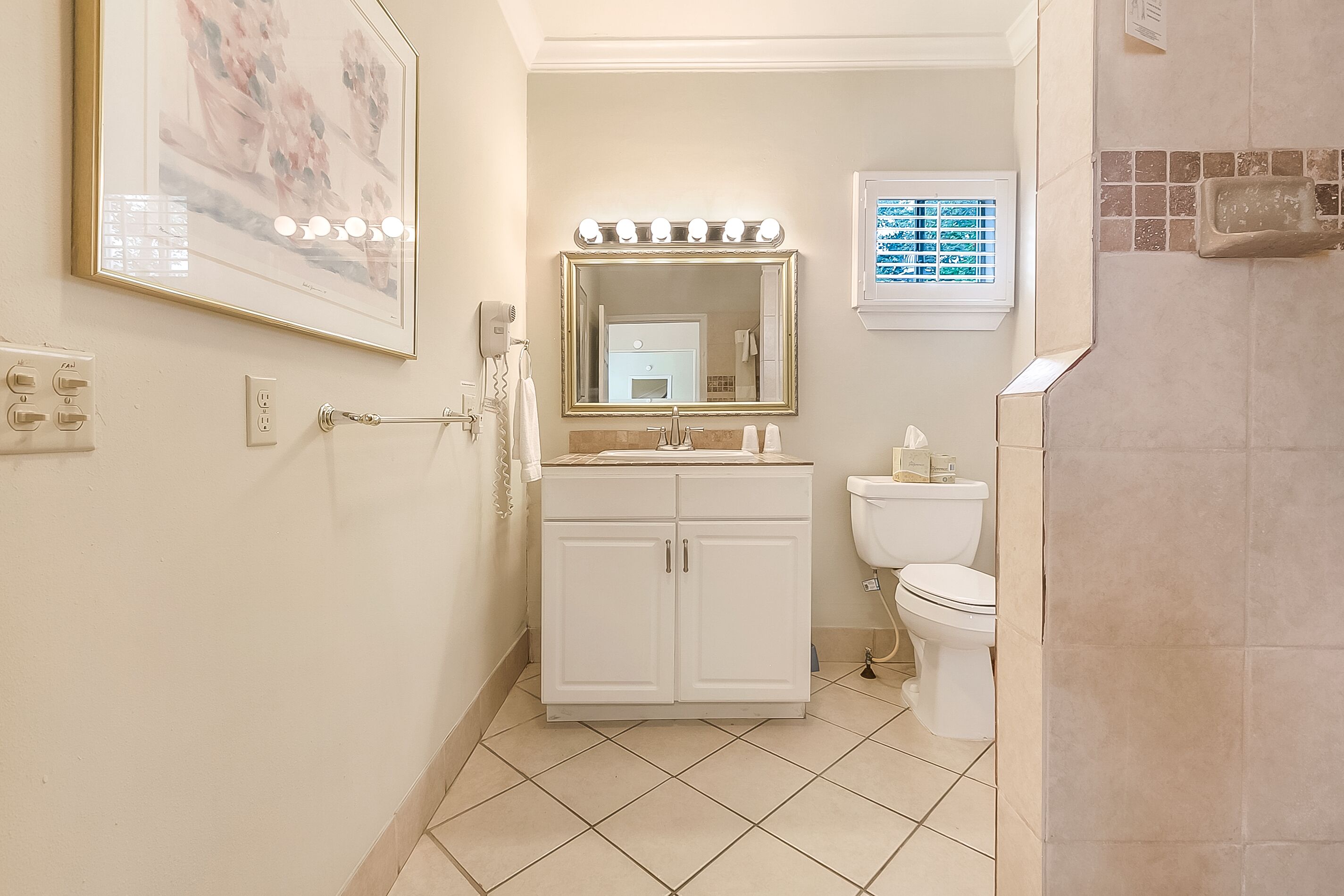 A bathroom with a vanity, a mirror, a toilet, and a shower area.