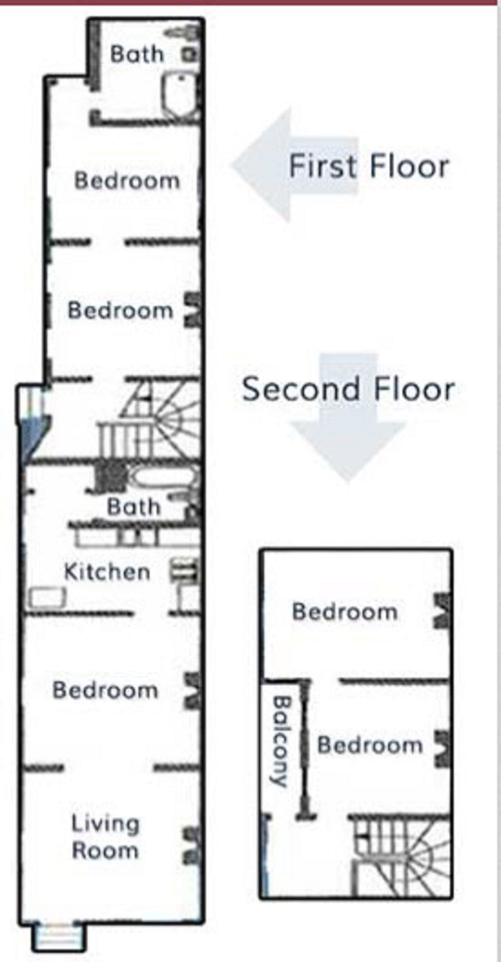 Un plan d’étage d’un immeuble à deux niveaux comprenant une chambre, une salle de bain, une cuisine et un salon au premier étage, ainsi qu’une chambre et un balcon au deuxième étage.