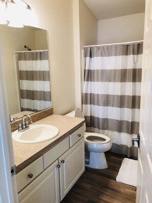 Une salle de bain avec un rideau de douche à rayures, un lavabo avec un miroir et des toilettes.