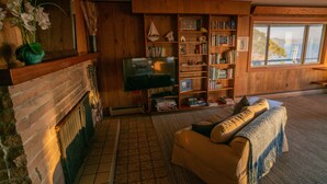 Un accogliente soggiorno con camino, televisione, libreria e vista sul panorama esterno.