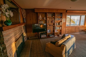 Una sala de estar acogedora con chimenea, televisor, estantería y vistas al exterior.