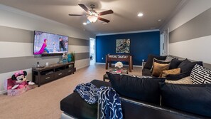 TV, video games, DVD player, foosball