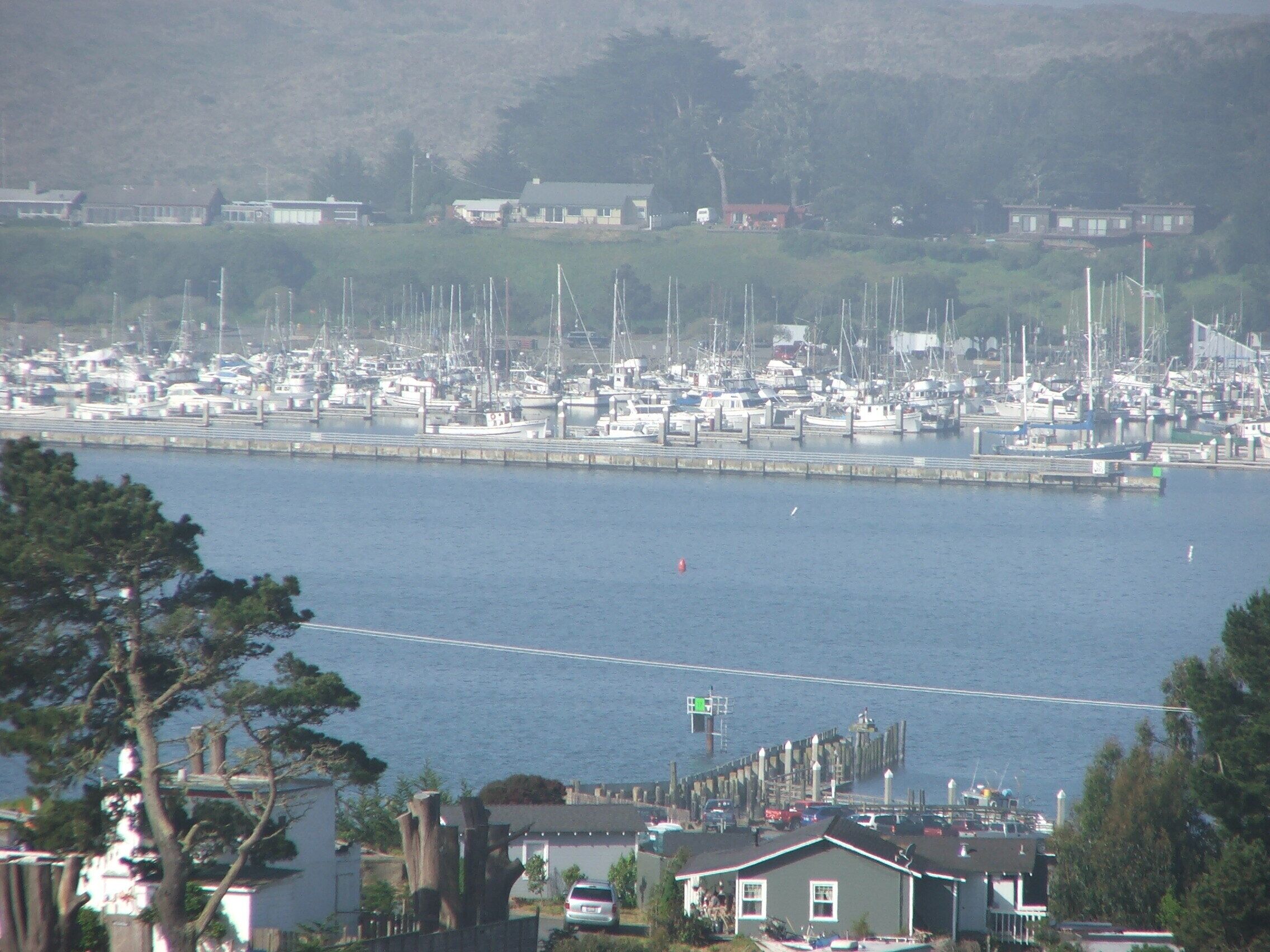 Un port de plaisance où sont amarrés de nombreux bateaux, une jetée qui s’avance dans l’eau et un quartier résidentiel avec des maisons et des arbres au premier plan.