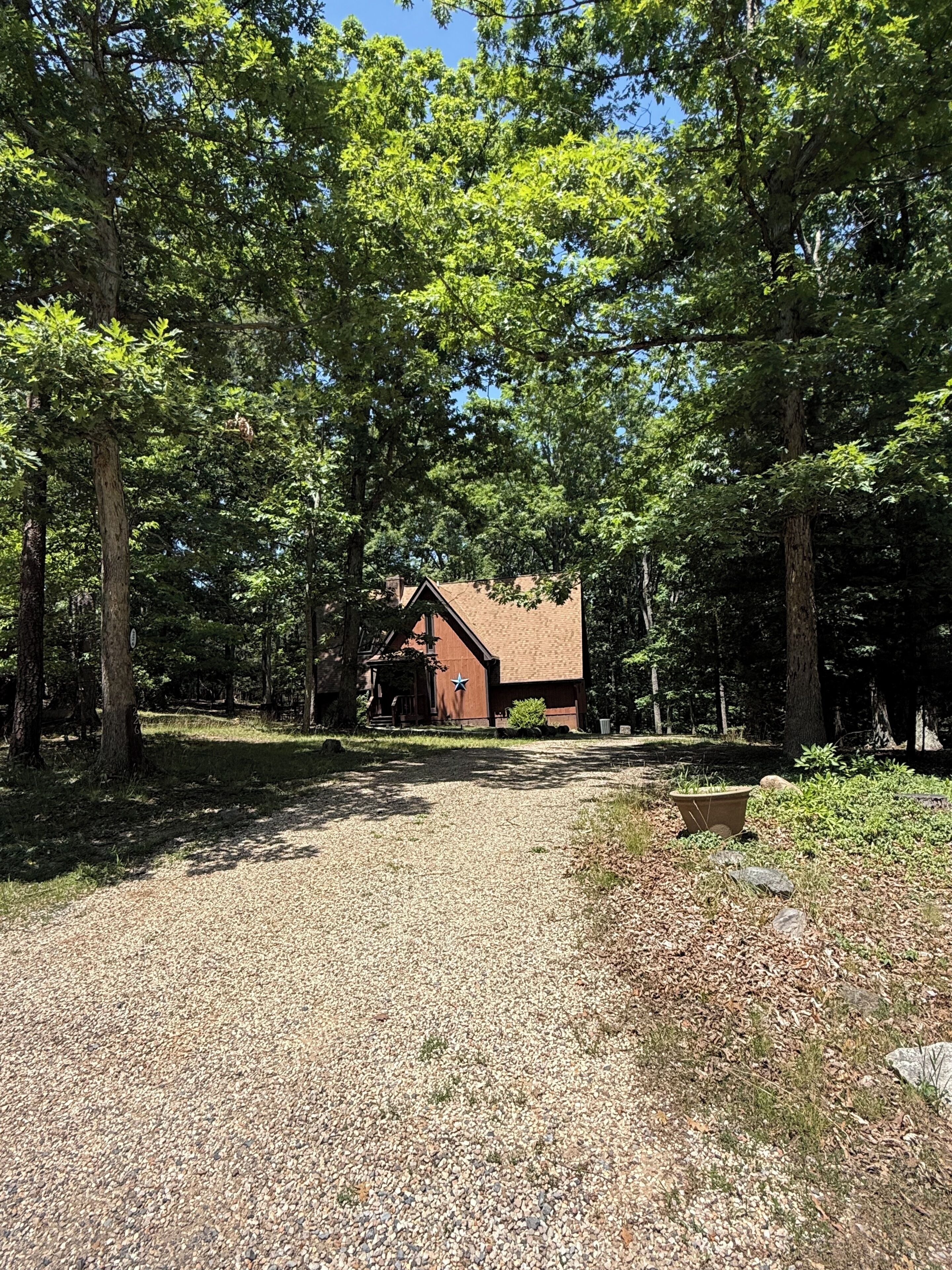 A gravel driveway leading to a rustic cabin surrounded by dense trees.