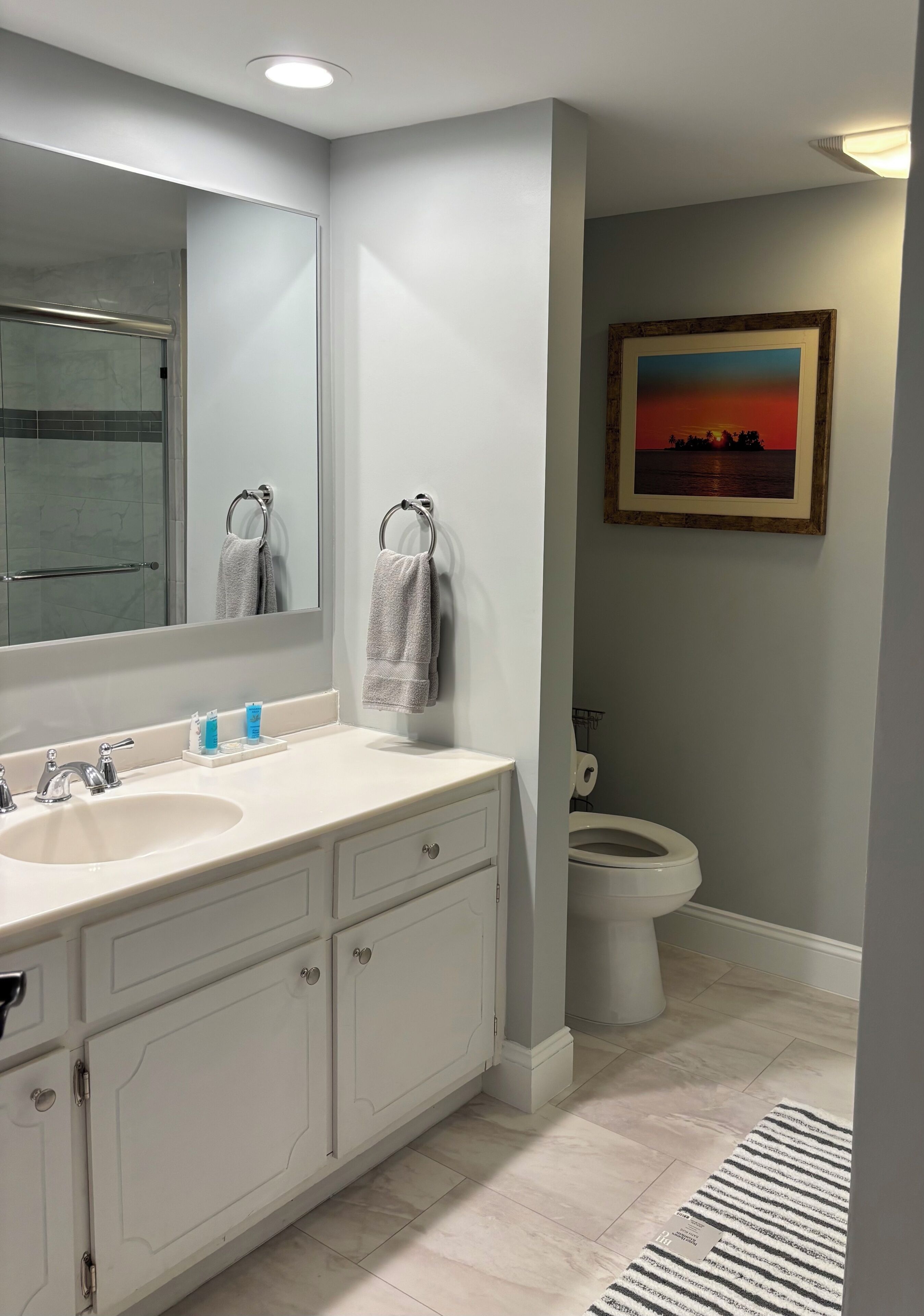 A bathroom with a white vanity, a large mirror, a toilet, and a framed picture on the wall.