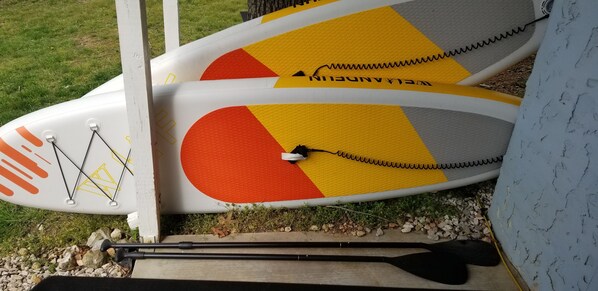 A white and yellow surfboard with a black leash and a paddle resting beside it. - Lakefront has Spectacular View plus Easy Access! (Rogers)