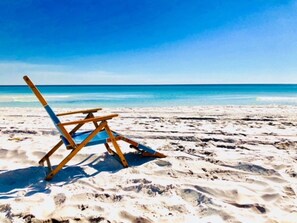 On the beach, sun loungers