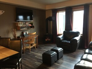 TV, fireplace, DVD player, books