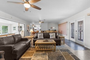 Smart TV, fireplace, video games, DVD player