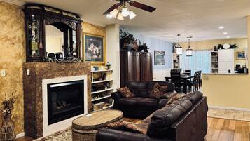 Smart TV, fireplace, books