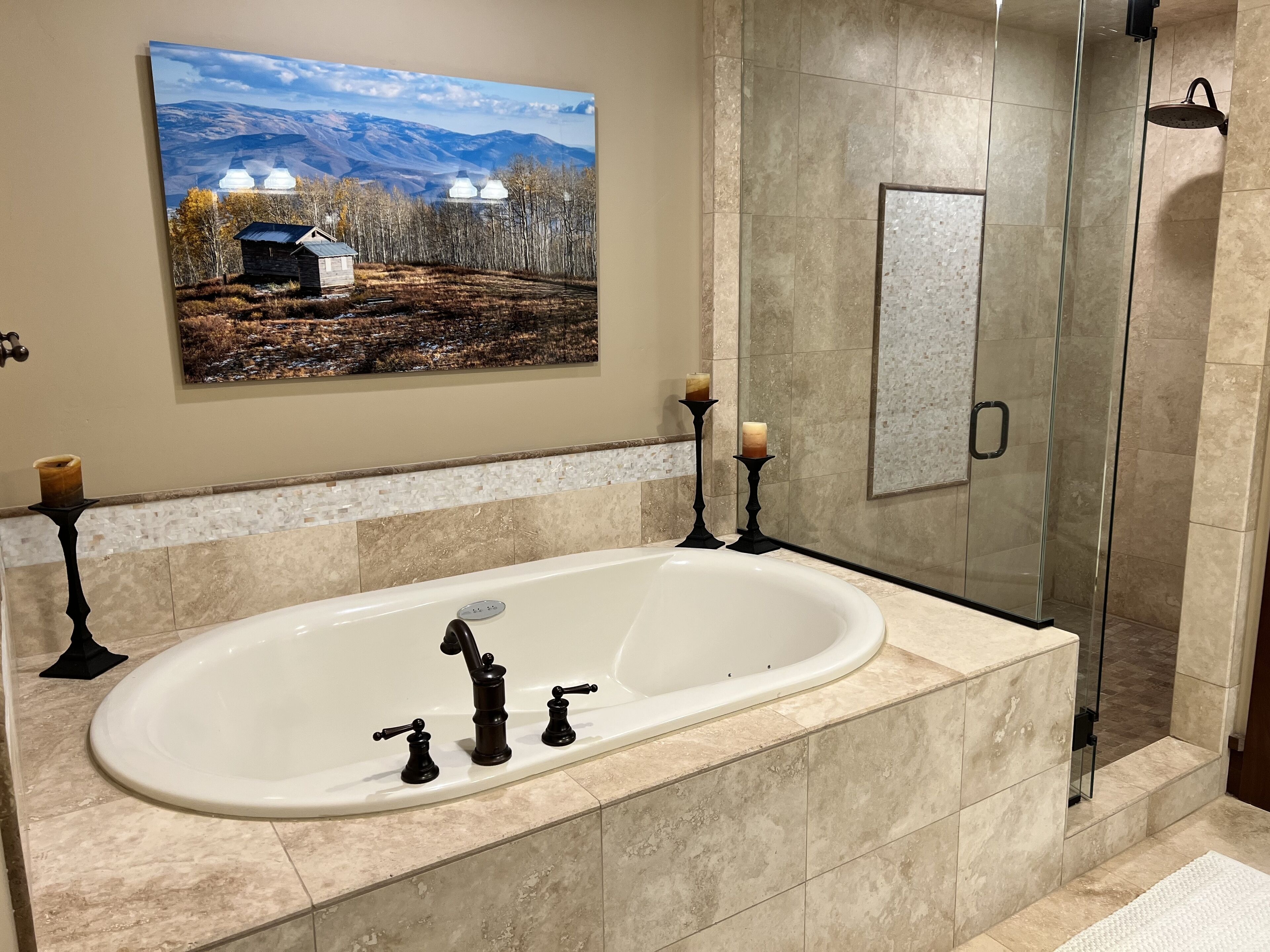 Une salle de bain avec une baignoire sur pieds, une douche à parois de verre et un tableau décoratif au mur.