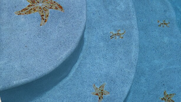 Una piscina con diseños de estrellas de mar en el suelo.