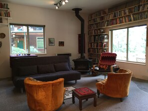 Smart TV, fireplace, DVD player, books