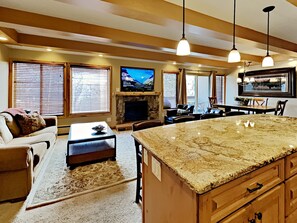 Smart TV, fireplace, video games, DVD player