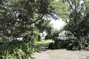 Un sendero rodeado de abundante vegetación y árboles, que conduce a una zona verde con vista al mar.
