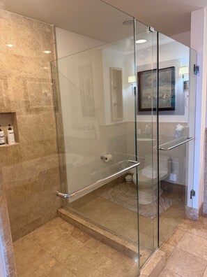 Bathtub, hair dryer, towels, soap