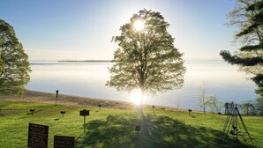 Un parc paisible, avec un grand arbre au centre, un lac tranquille en arrière-plan et une zone herbeuse où des panneaux indiquent les règles du parc et la capacité maximale de la plage.