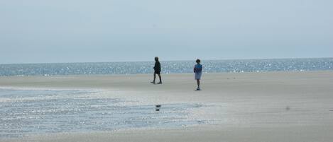 On the beach, sun-loungers, beach towels