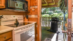 Une cuisine équipée d’un four à micro-ondes, d’une cuisinière et d’un four, ainsi qu’une terrasse avec un barbecue.