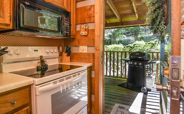 Une cuisine équipée d’un four à micro-ondes, d’une cuisinière et d’un four, ainsi qu’une terrasse avec un barbecue.