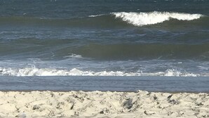Uma praia com ondas e céu claro.