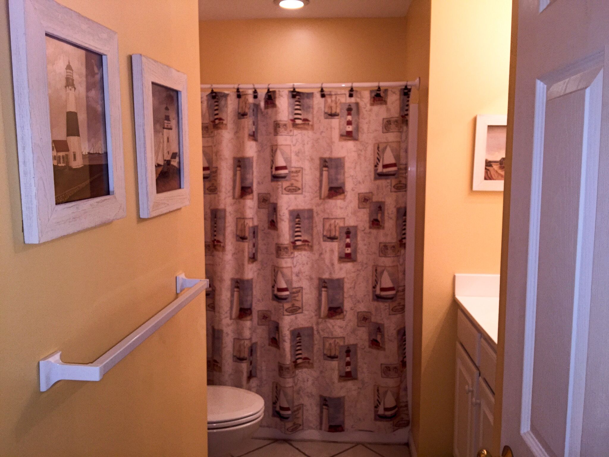 Une salle de bain avec des toilettes, un rideau de douche orné de motifs marins et deux tableaux encadrés accrochés au mur.