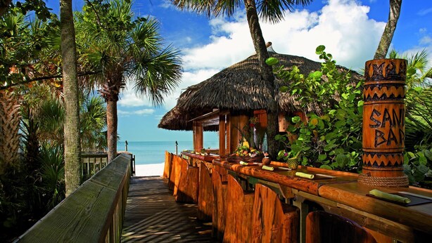 Una terraza de madera que conduce a un área de bar con techo de paja, con vistas a la playa y al océano.