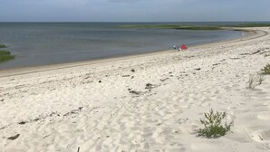 Ein Sandstrand mit blauem Himmel und ruhiger See.