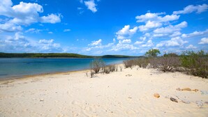 Une plage avec un ciel dégagé, une eau calme et une végétation clairsemée.