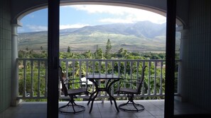 Enjoy breathtaking views of the surrounding mountains from this balcony.