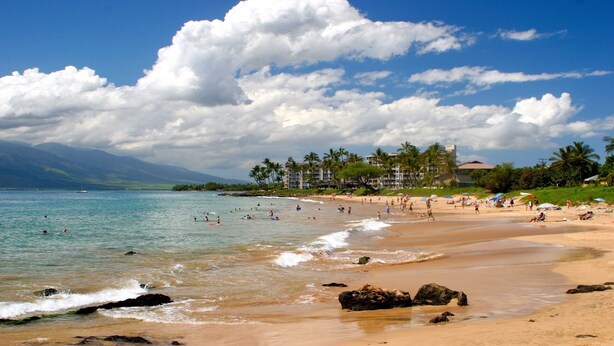 A beach with clear water, people swimming and sunbathing, and buildings in the background.
