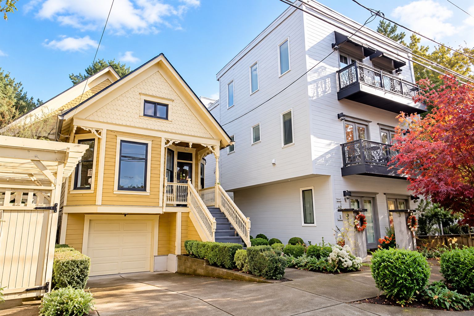 A two-story residential building with a front porch, a garage, and a small garden.