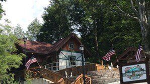 Georgia Mountain Coaster -kyltti, puiset portaat ja keltainen ajoneuvo radalla.