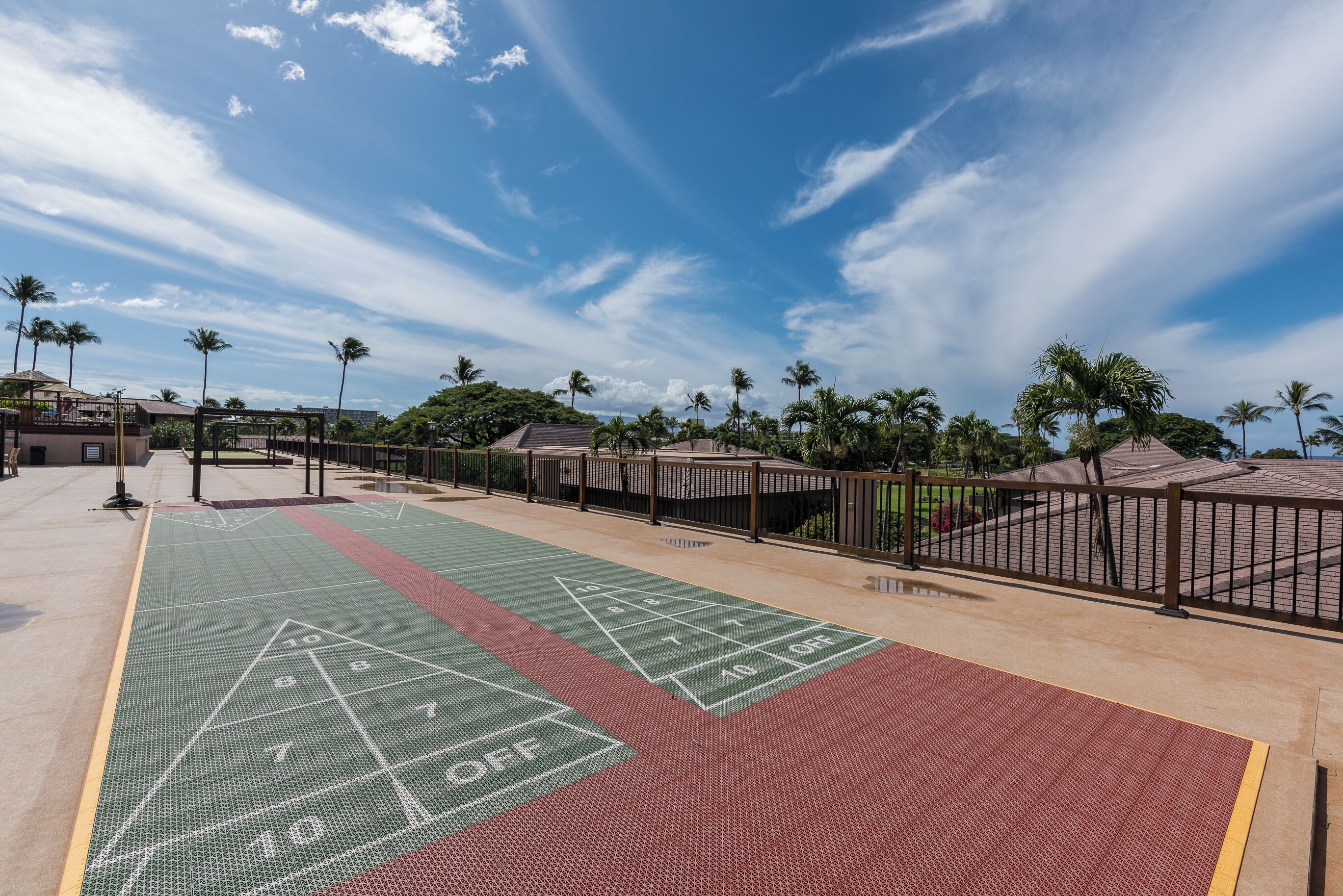 Ein Shuffleboardfeld vor blauem Himmel und Palmen im Hintergrund.
