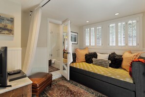 Smart TV, fireplace, DVD player, books