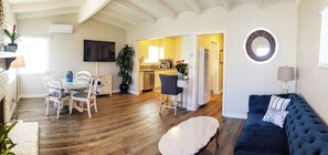 Smart TV, fireplace, DVD player, music library