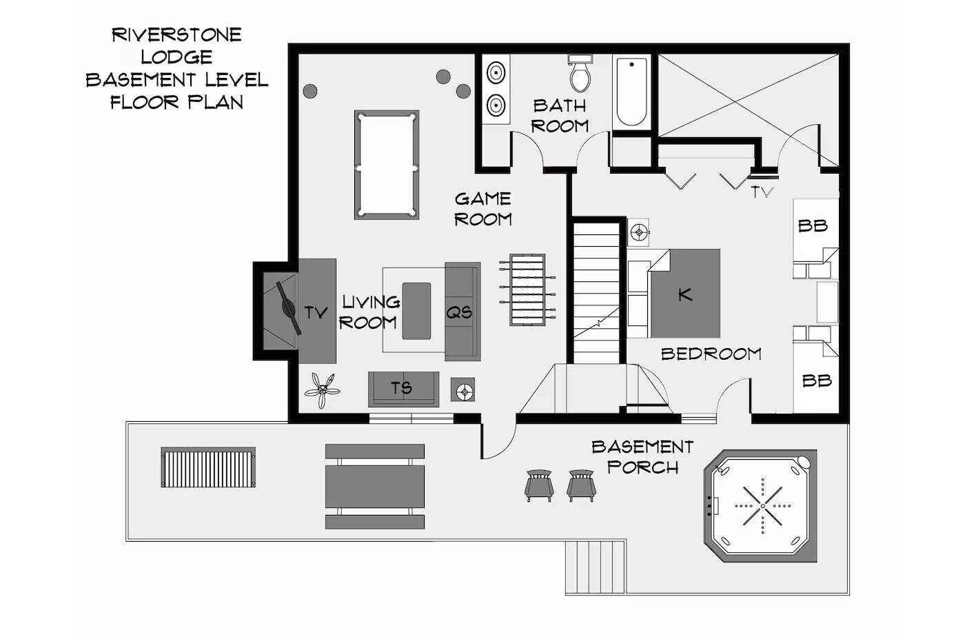 A floor plan of Riverstone Lodge Basement Level, including a game room, living room, TV room, bathroom, bedroom, and basement porch.