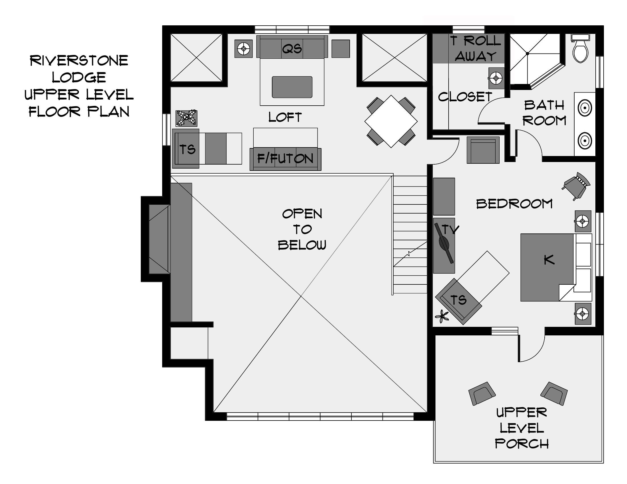 A Riverstone Lodge Upper Level Floor Plan with a loft, bedroom, bathroom, and a large open space labeled "OPEN TO BELOW".