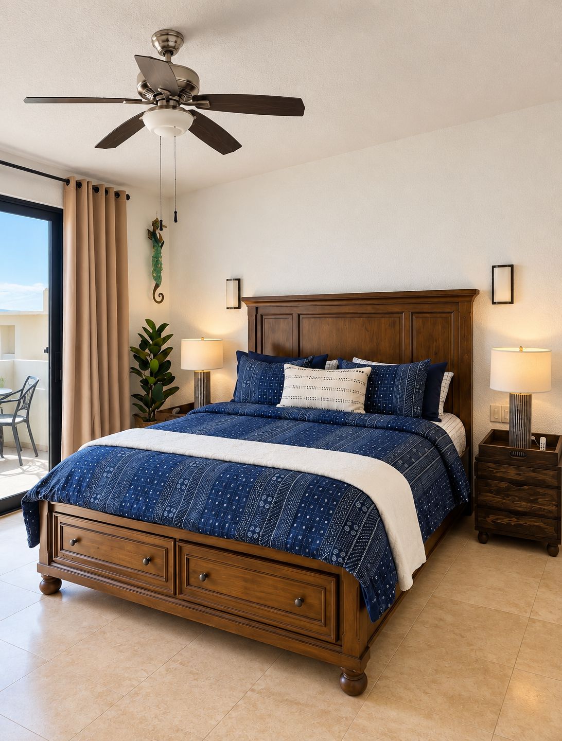 A bedroom with a large bed, wooden headboard, two bedside tables with lamps, a ceiling fan, and a view of the outdoors through a sliding door.